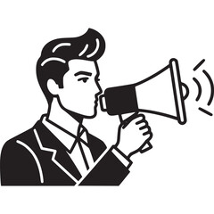 Fototapeta premium Man in suit speaking into a megaphone, isolated on white background, perfect for illustrating communication, promotion, and marketing messages