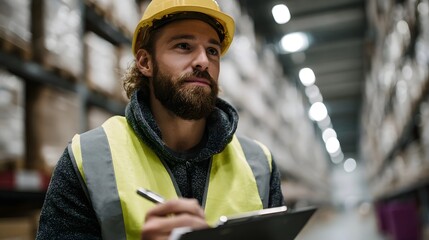 A focused warehouse worker checking inventory on a clipboard