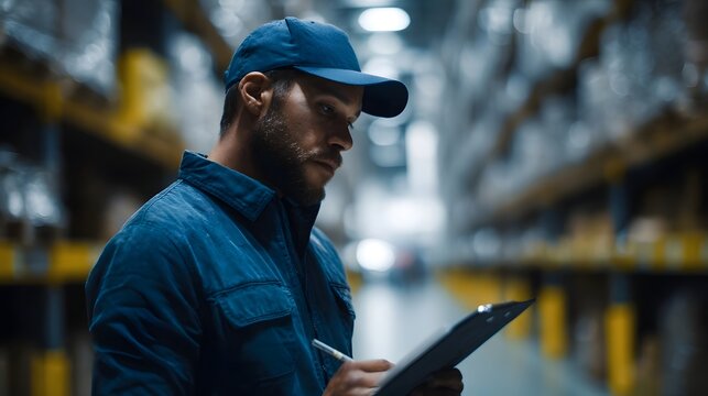 Worker Checking Inventory on Clipboard in Storage Warehouse - Powered by Adobe