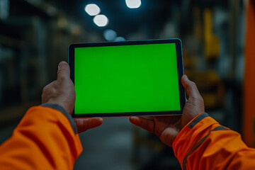 Worker in safety gear displays tablet with green screen in a dimly lit warehouse filled with equipment and storage