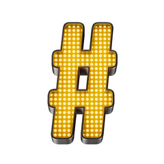 Hashtag com Luz e LEDs Neon dourados, letreiro metálico 3D, fundo transparente. Especial Ofertas de Black Friday.