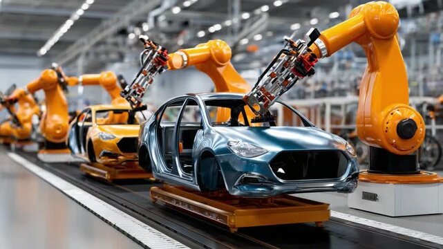 Automotive Assembly Line: Advanced robotic arms meticulously assemble vehicle bodies on a cutting-edge factory line, showcasing the precision and efficiency of modern automotive manufacturing. 