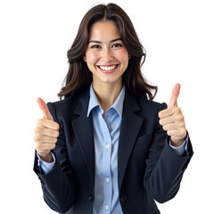 Young woman, smiling, wearing dark navy business jacket, light-blue shirt, standing, thumbs-up,on a transparent background