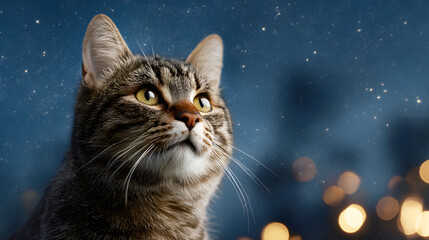 Tabby cat with yellow eyes looking up at bokeh lights