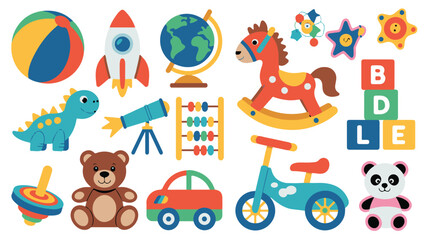 Fototapeta premium Collection of colorful flat design children's toys with a globe, telescope, and rocking horse