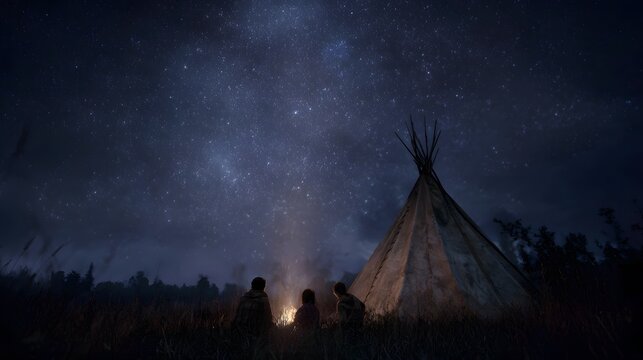 Elders sharing stories under the starry night sky by the tipi