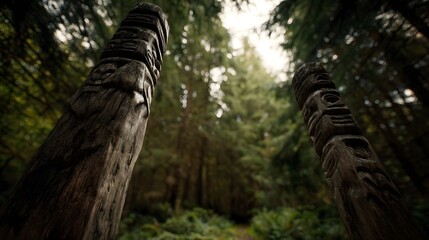 Fototapeta premium Decorated wooden totems standing in a serene forest