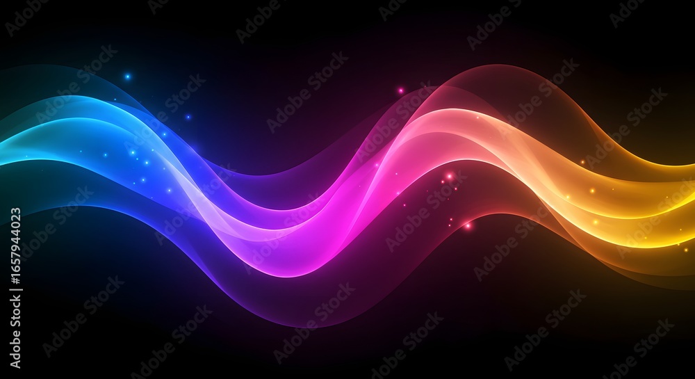 Poster flowing vibrant colors over a dark surface. smooth flowing waves of vibrant neon pink and blue light
