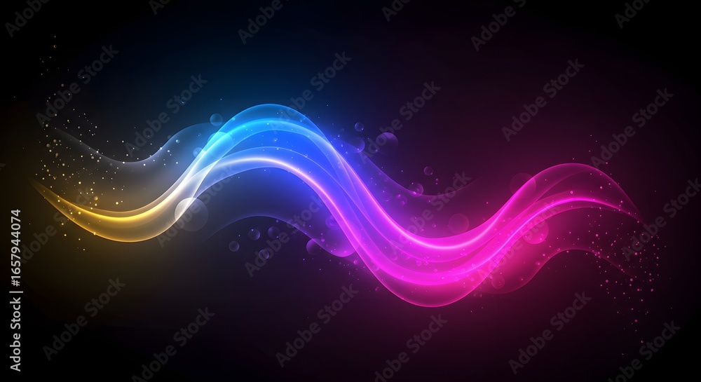 Poster flowing vibrant colors over a dark surface. smooth flowing waves of vibrant neon pink and blue light