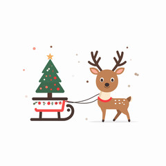 Fototapeta premium Cartoon Reindeer Pulling Sleigh with Christmas Tree and Ornaments
