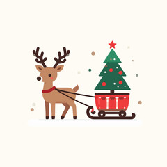 Cartoon Reindeer Pulling Sleigh with Christmas Tree, Festive Holiday Scene