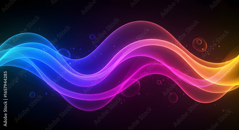 Poster flowing vibrant colors over a dark surface. smooth flowing waves of vibrant neon pink and blue light