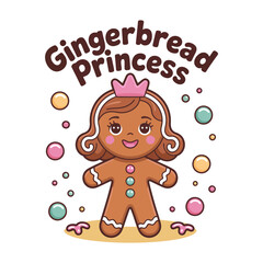 Gingerbread princess lettering badge, smiling cookie girl with frosting dress, sprinkles around, festive bakery sticker, tag and packaging design