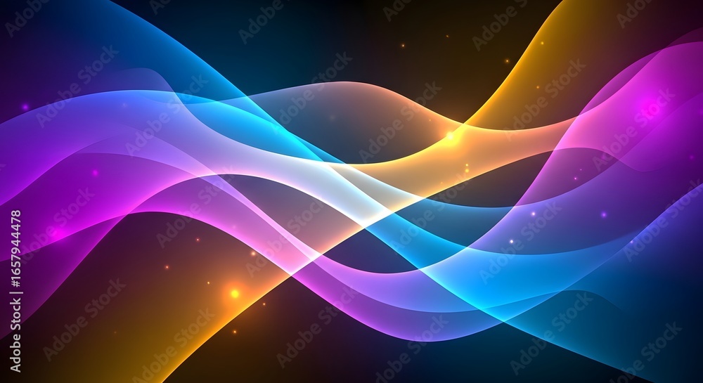 Poster flowing vibrant colors over a dark surface. smooth flowing waves of vibrant neon pink and blue light