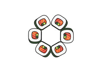 An illustration of six salmon and cucumber maki sushi rolls arranged in a circular pattern.