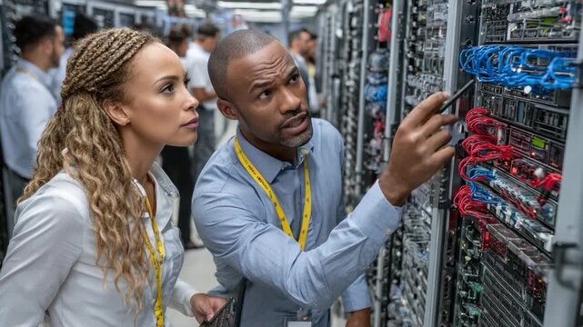 Tech professionals examining data center equipment: A diverse team of IT professionals examines sophisticated data center equipment in a state-of-the-art server room. Their focus, concentration.