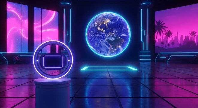 Futuristic neonlit virtual reality environment featuring a glowing earth hologram, digital displays, and a sleek circular portal