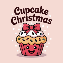 Cupcake Christmas cute muffin with ribbon bow and sprinkles, charming holiday vector illustration for greeting cards, posters, stickers, apparel printable