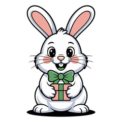 Christmas rabbit with green bow tie hugging present, cheerful winter character illustration, vector design for cards posters stickers and apparel