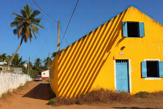 Vibrant yellow house casts diagonal shadows on a sunny day
