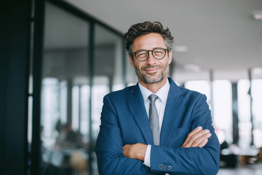 Un hombre de negocios de 40 a&ntilde;os feliz, con traje azul marino, camisa blanca y gafas, de pie con los brazos cruzados en una oficina bien iluminada, irradia profesionalismo y un comportamiento amable. 
