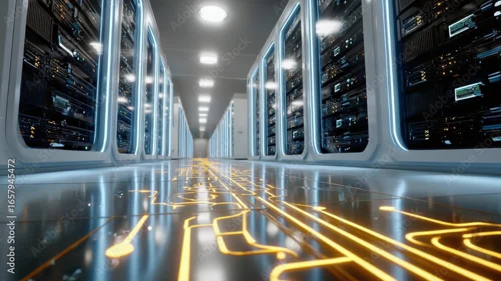 Poster cyber nexus: the image features a futuristic data center, illuminated with glowing pathways and rows