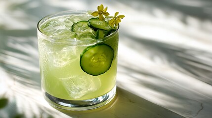Refreshing cucumber cocktail with ice and floral garnish in bright sunlight