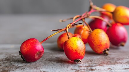 A sprig of hawthorn with red and yellow fruits on a wooden table against a gray background, captured in close-up with a macro lens, showcasing bright, saturated dogwood berries in realistic detail.