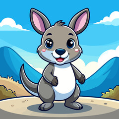 Adorable cartoon baby kangaroo with big blue eyes and a friendly smile, standing happily.