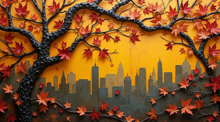 A creative paper cutout depicting a cityscape integrated with vibrant green leaves, highlighting the blend of nature and urbanity