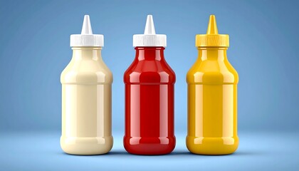 Three condiment bottles on a studio background