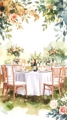 Obraz premium Elegant watercolor illustration of an outdoor wedding reception table set for a celebration.
