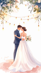 Romantic Embrace of a Bride and Groom Under String Lights