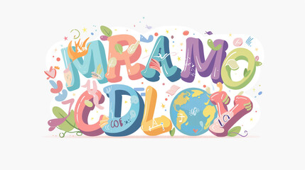 Colorful alphabet letters with globe, symbol for International Mother Language Day, pastel tones, isolated flat vector illustration