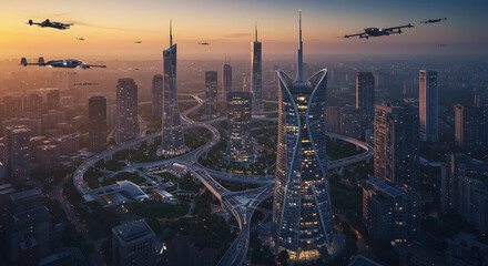 Fototapeta premium Stunning aerial panorama of a futuristic metropolis at twilight, featuring glowing skyscrapers, advanced aerial vehicles, and intricate elevated highways, embodying innovation and urban progress.