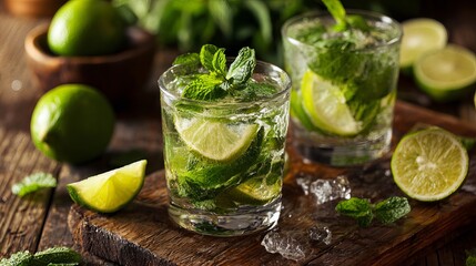 Refreshing mojito cocktail with fresh mint and lime slices on a rustic wooden table