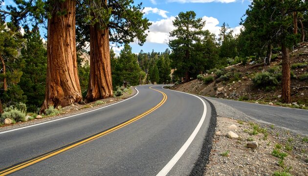 Scenic mountain road winding through a forest with ancient trees.