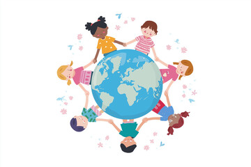 Illustrated children holding hands around globe