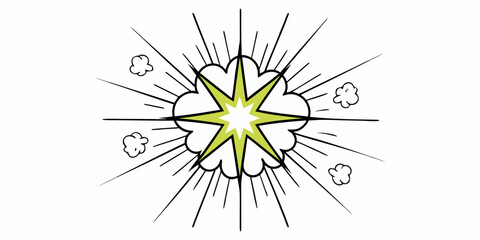 Fototapeta premium A vibrant comic book-style explosion graphic. Bright, lime green radiating outward from a central white burst. The background is filled with radiating lines and a dotted effect, adding to the dynami