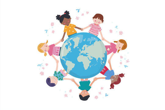 Illustrated children holding hands around globe