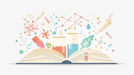 Flat style open book with science icons for International Day of Women and Girls in Science, pastel color palette, isolated vector on white