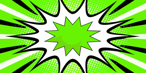 A vibrant comic book-style explosion graphic. Bright, lime green radiating outward from a central white burst. The background is filled with radiating lines and a dotted effect, adding to the dynami