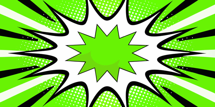 A vibrant comic book-style explosion graphic. Bright, lime green radiating outward from a central white burst. The background is filled with radiating lines and a dotted effect, adding to the dynami