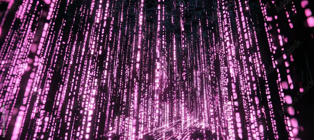 Poster abstract virtual rain of glowing purple binary computer data. generative video ai technology.