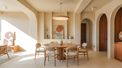 Bright and airy dining room with round table and arched doorways