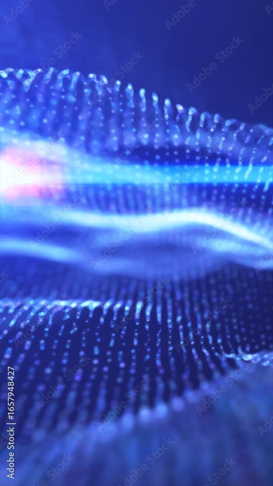 Poster abstract blue wave of glowing digital particles creating a futuristic sense of flow and movement