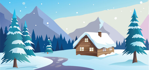 Fototapeta premium Snow-covered winter landscape featuring a cozy house surrounded by bare trees.