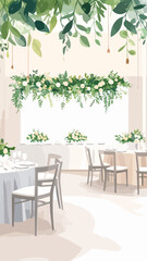 Fototapeta premium Elegant Wedding Reception Decor with Floral Arrangements and Hanging Greenery