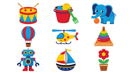 Fototapeta premium Nine colorful cartoon children's toys and objects including a drum a sand bucket an elephant a hot air balloon a helicopter a stacking toy a robot a sailboat and a potted flower