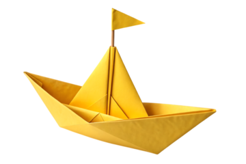 Yellow paper boat origami isolated on transparent background